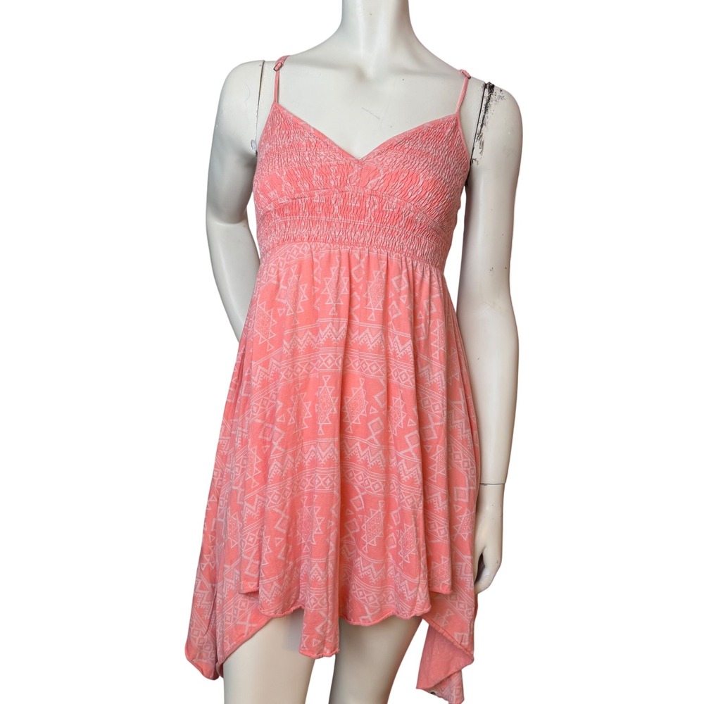 Billabong Mini Sundress Pink Smocked Geometric Print Handkerchief Hem Boho L